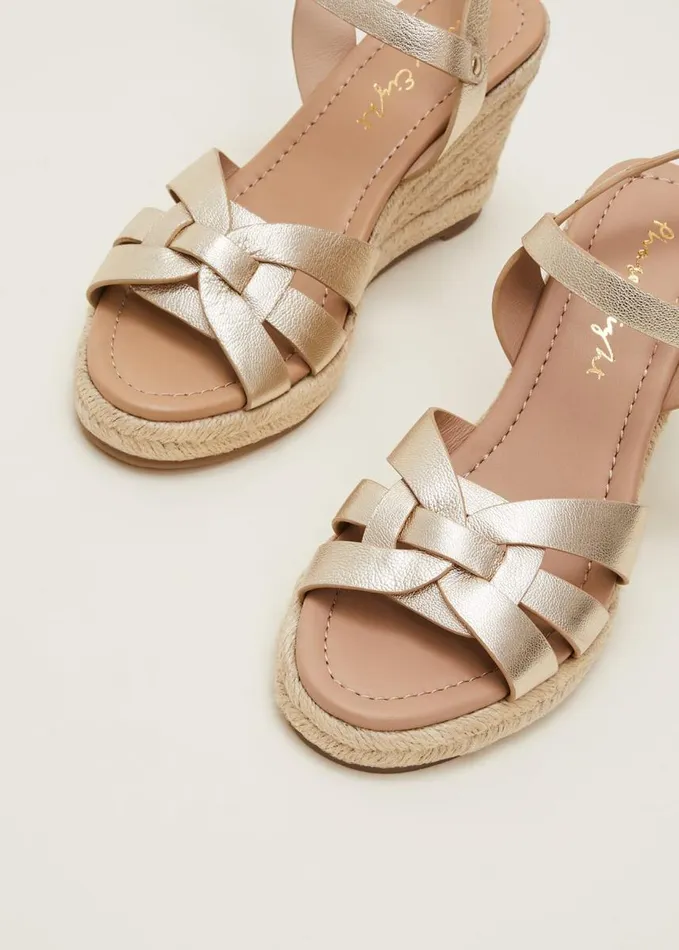 Phase Eight Leather Wedge Espadrilles Gold Women Heels