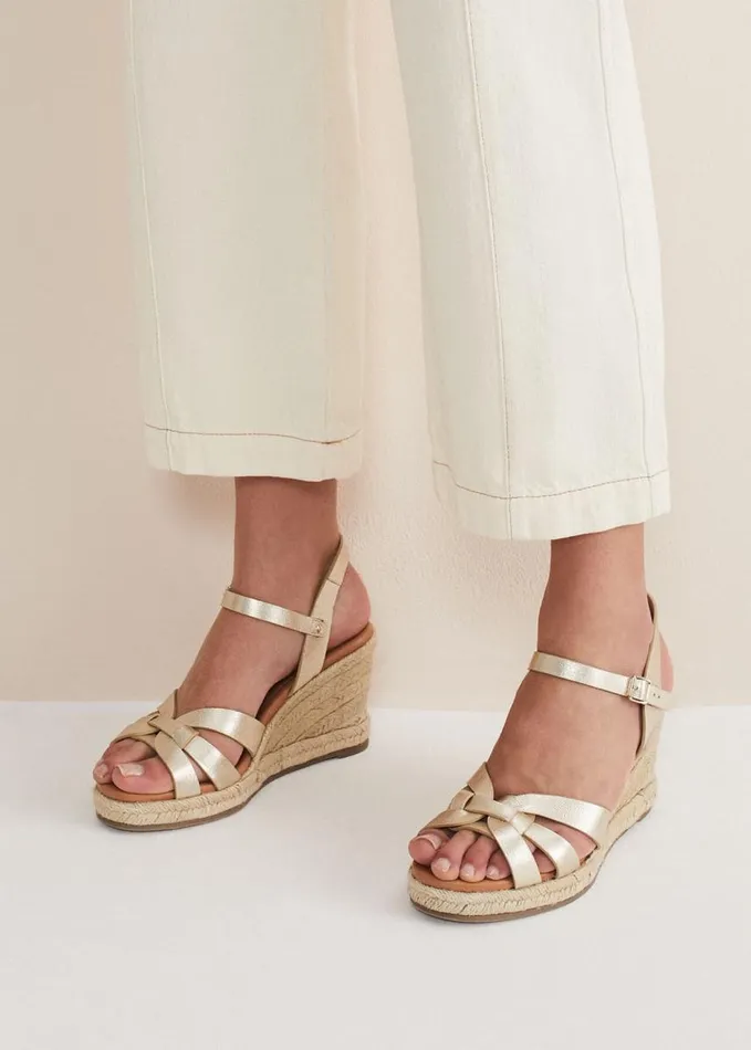 Phase Eight Leather Wedge Espadrilles Gold Women Heels