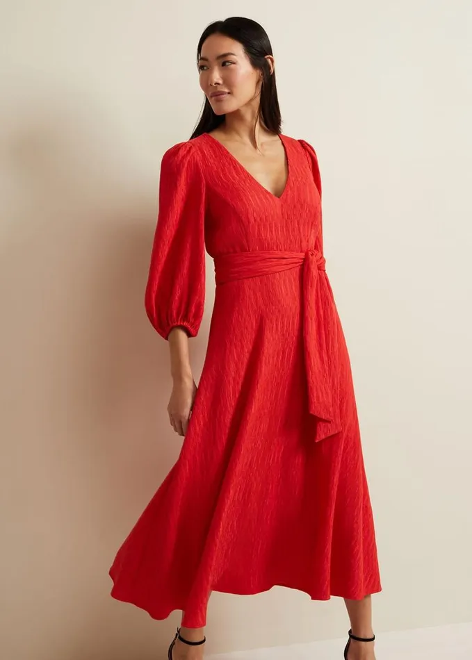 Phase Eight Marilyn Puff Sleeve Midi Dress Orange Women Dresses