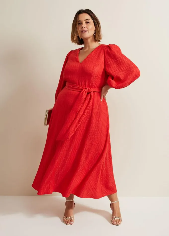 Phase Eight Marilyn Puff Sleeve Midi Dress Orange Women Dresses
