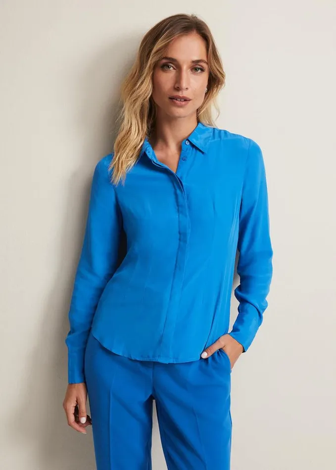 Phase Eight Nadelina Luxe Plain Fitted Shirt Teal Women Shirts and Blouses