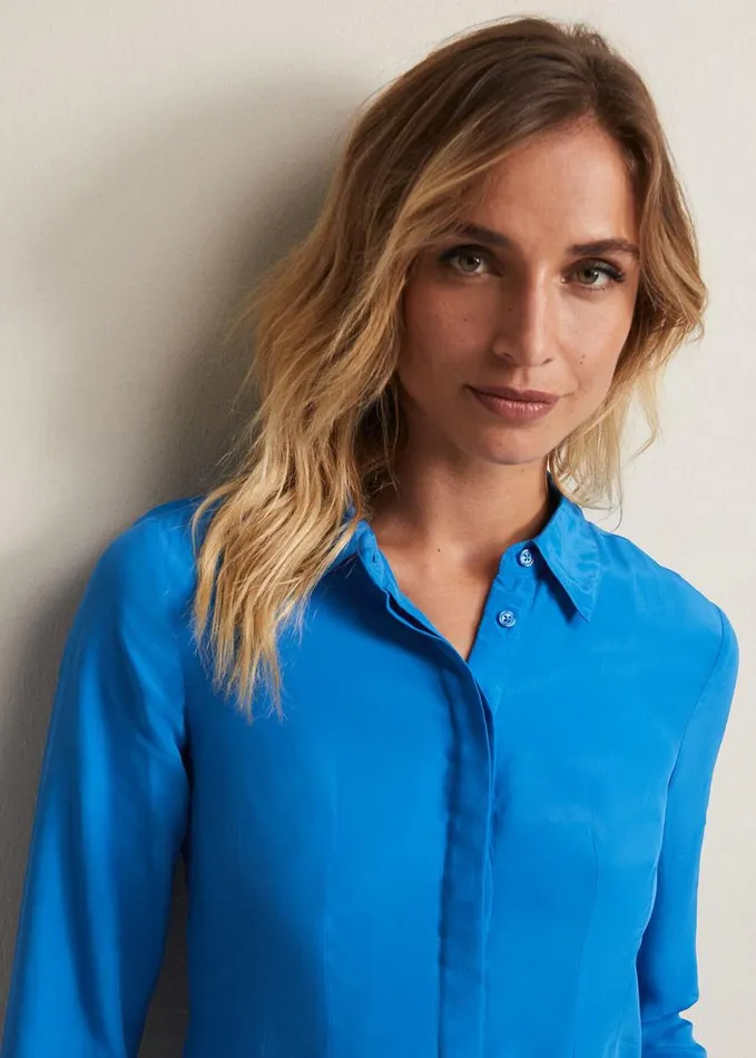 Phase Eight Nadelina Luxe Plain Fitted Shirt Teal Women Shirts and Blouses