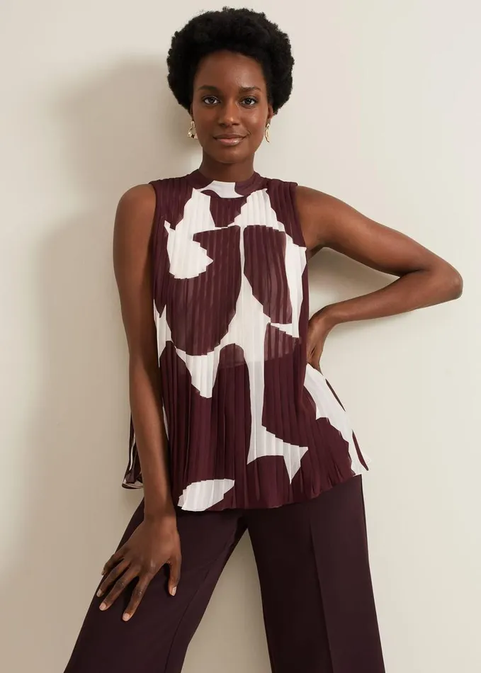 Phase Eight Nina Abstract Pleat Top Burgundy Women Shirts and Blouses