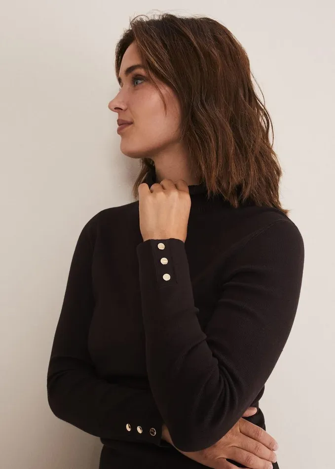 Phase Eight Ottilie Button Detail Roll Neck Knit Chocolate Women Knitwear