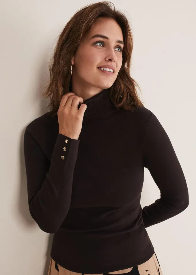 Phase Eight Ottilie Button Detail Roll Neck Knit Chocolate Women Knitwear