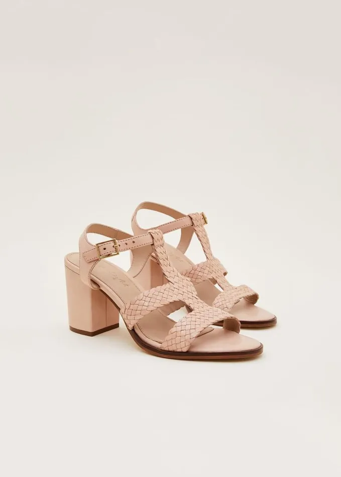 Phase Eight Plaited T Bar Heeled Sandal Shoe Tan Women Heels