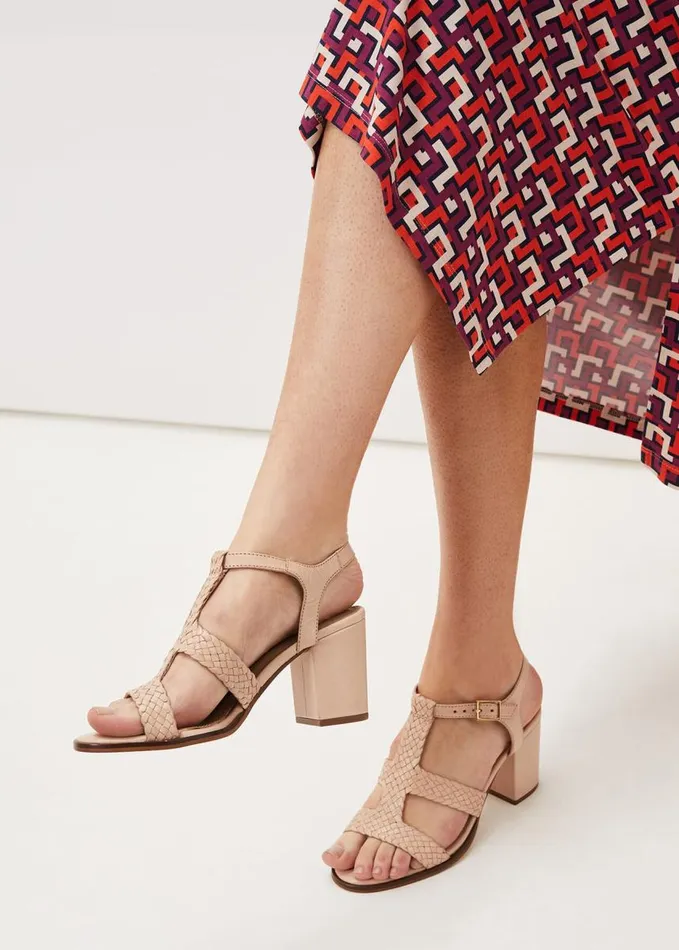 Phase Eight Plaited T Bar Heeled Sandal Shoe Tan Women Heels