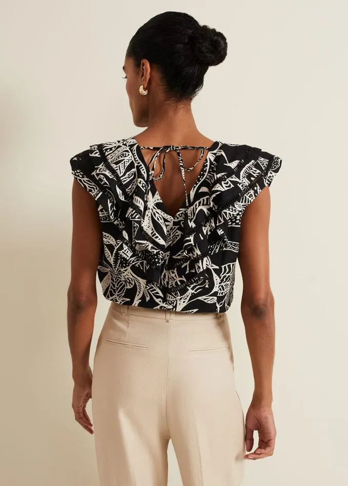 Phase Eight Rosey Linen Ruffle Top Black Women Shirts and Blouses