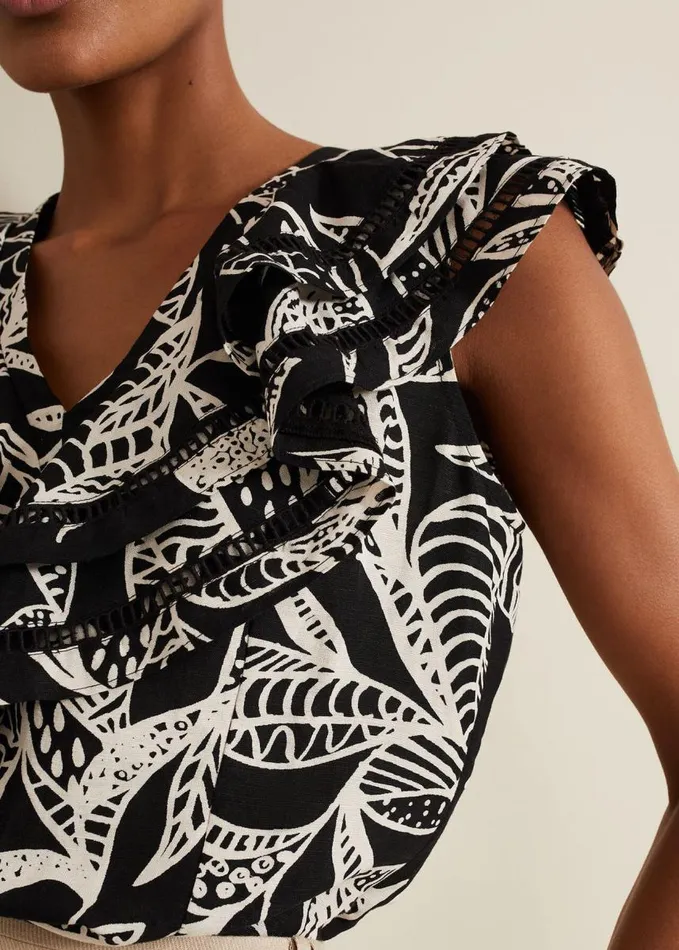 Phase Eight Rosey Linen Ruffle Top Black Women Shirts and Blouses
