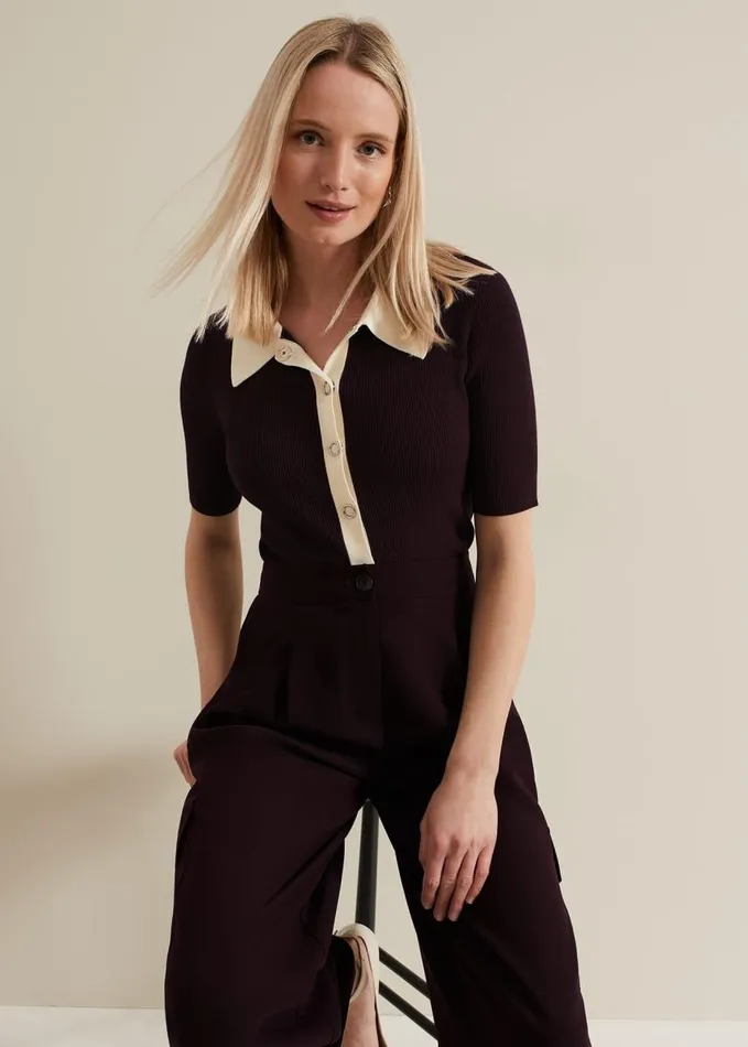 Phase Eight Rosie Tipped Collar Top Burgundy Women Knitwear