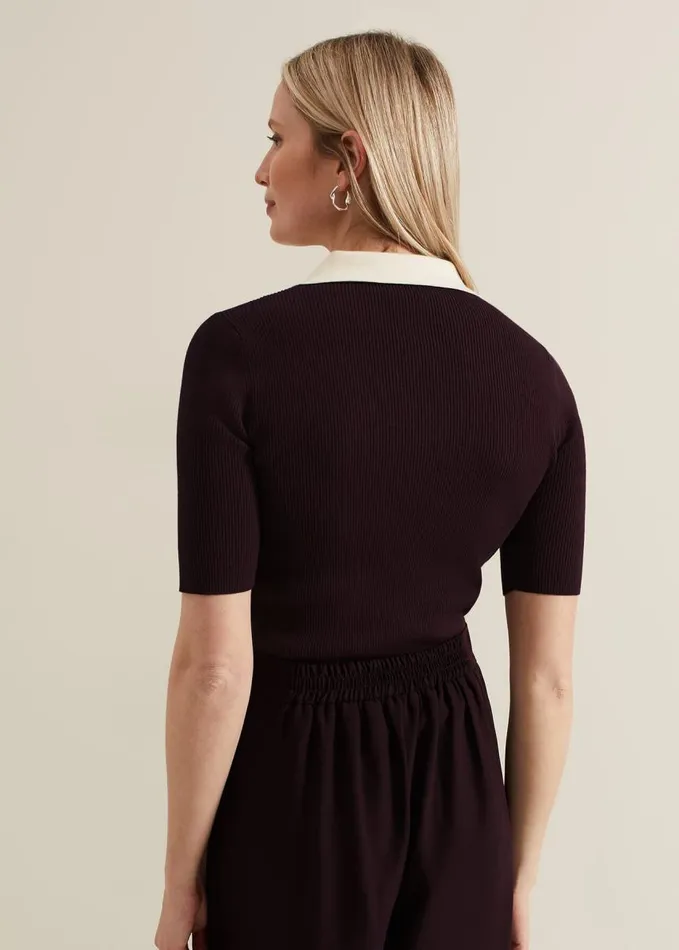 Phase Eight Rosie Tipped Collar Top Burgundy Women Knitwear
