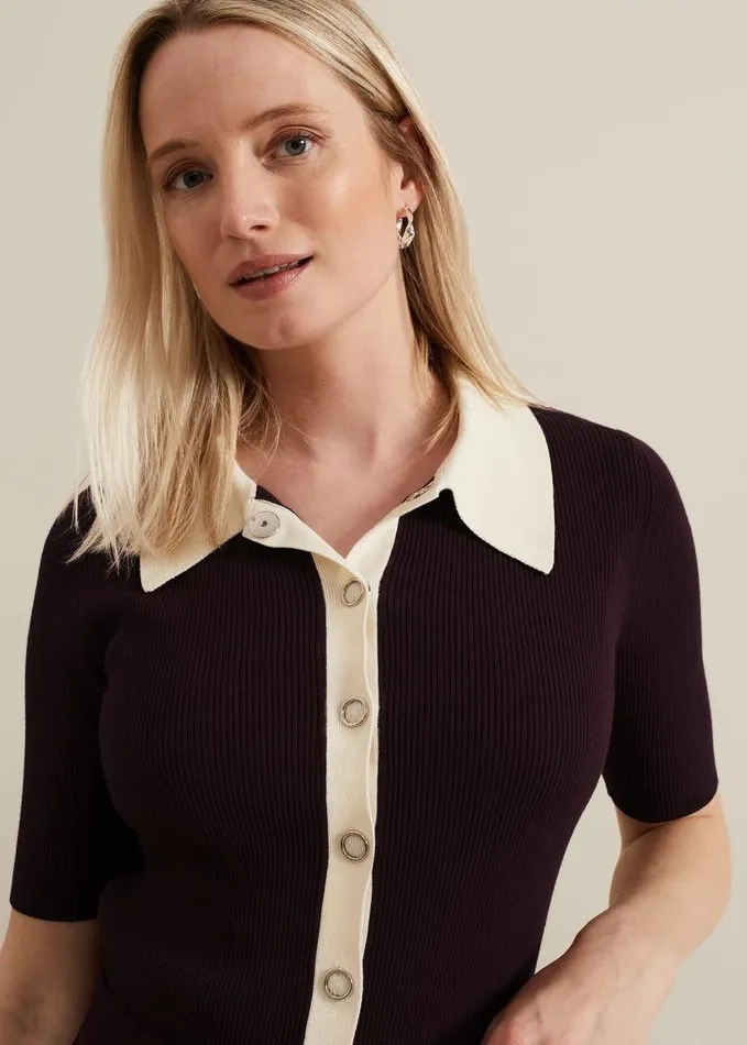 Phase Eight Rosie Tipped Collar Top Burgundy Women Knitwear