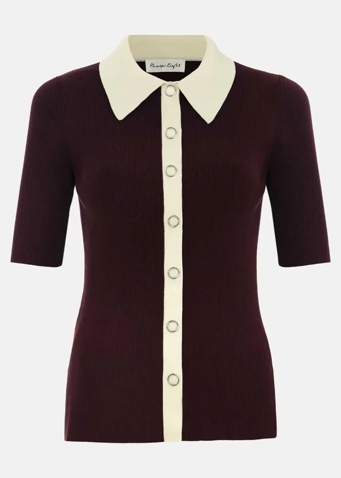 Phase Eight Rosie Tipped Collar Top Burgundy Women Knitwear