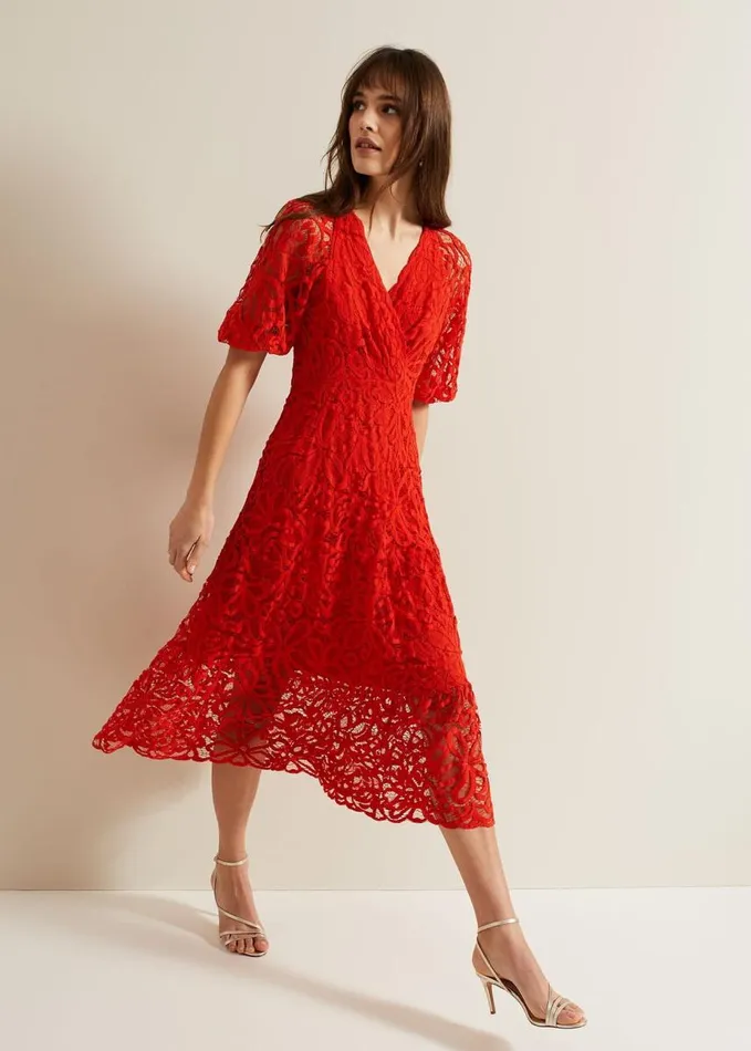 Phase Eight Senna Lace Midi Dress Vermillion Women Dresses