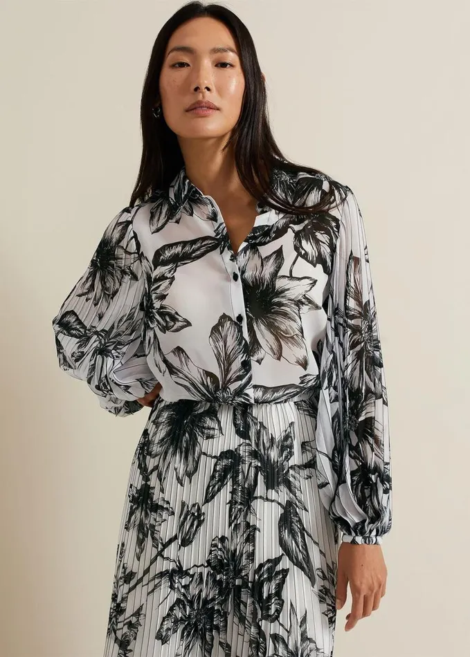 Phase Eight Sienna Floral Pleat Sleeve Blouse White Women Shirts and Blouses
