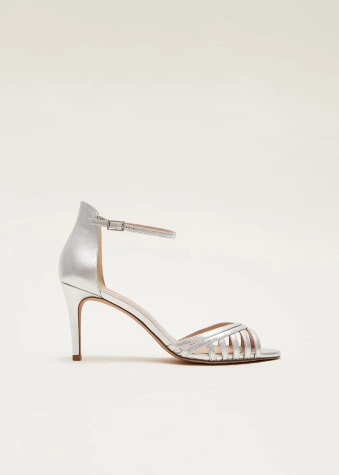 Phase Eight Silver Leather Open Toe Heels Silver Women Occasion Shoes