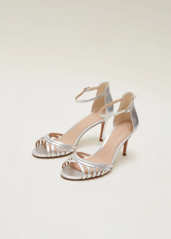 Phase Eight Silver Leather Open Toe Heels Silver Women Occasion Shoes