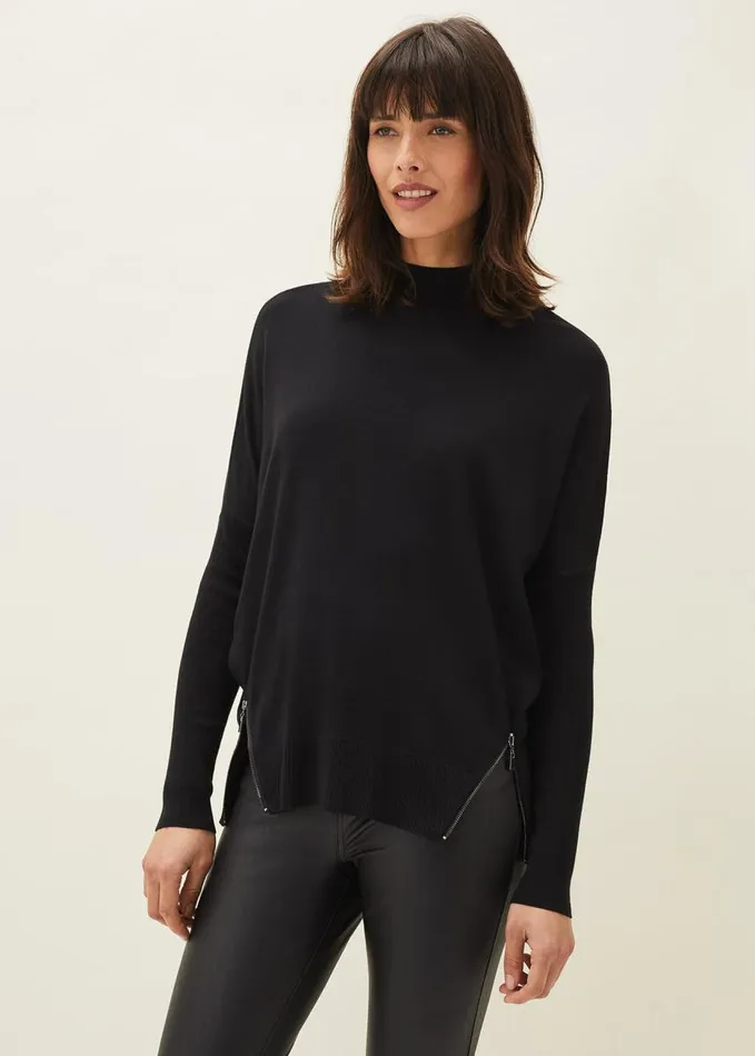Phase Eight Skylar Roll Neck Zip Hem Jumper Black Women Knitwear