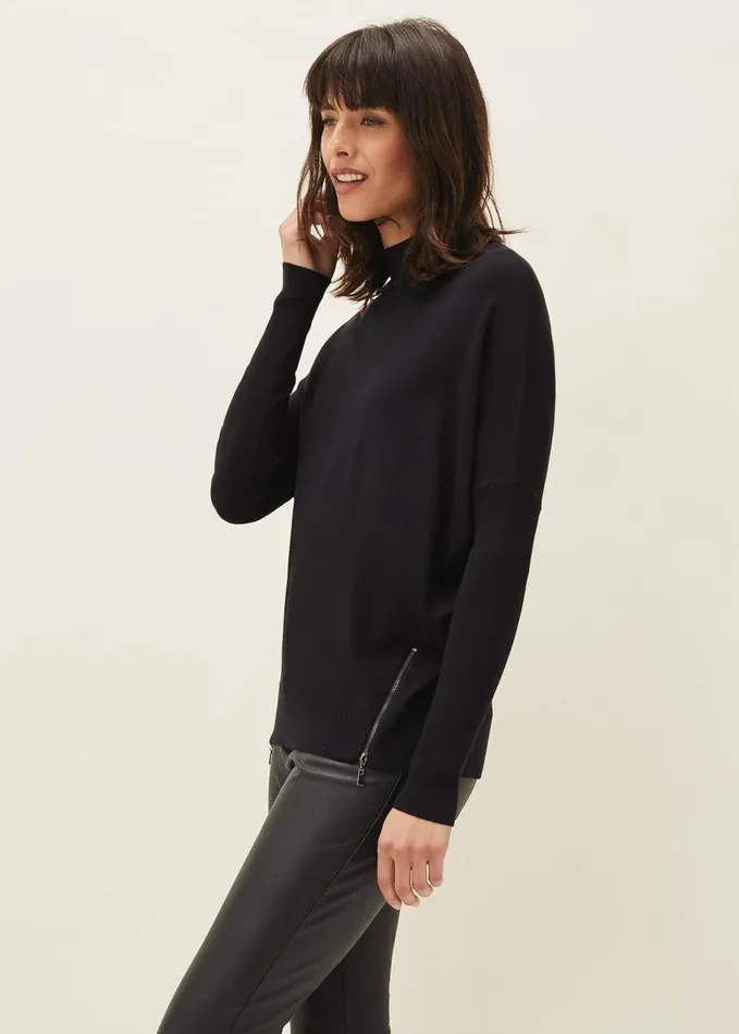 Phase Eight Skylar Roll Neck Zip Hem Jumper Black Women Knitwear