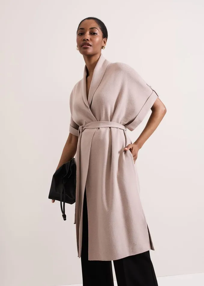 Phase Eight Wendy Shawl Collar Knit Gilet Stone Women Knitwear