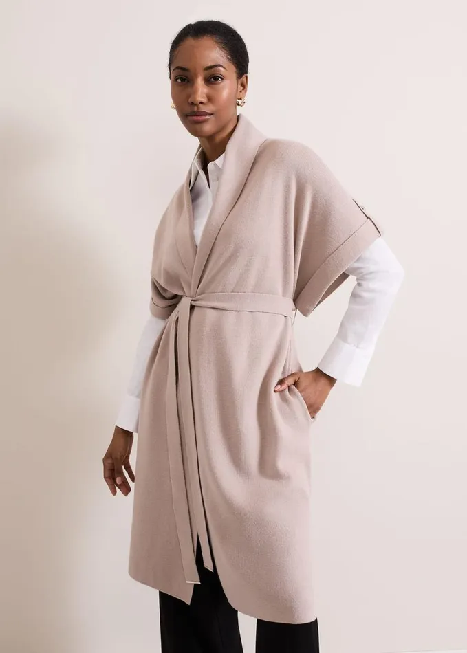 Phase Eight Wendy Shawl Collar Knit Gilet Stone Women Knitwear