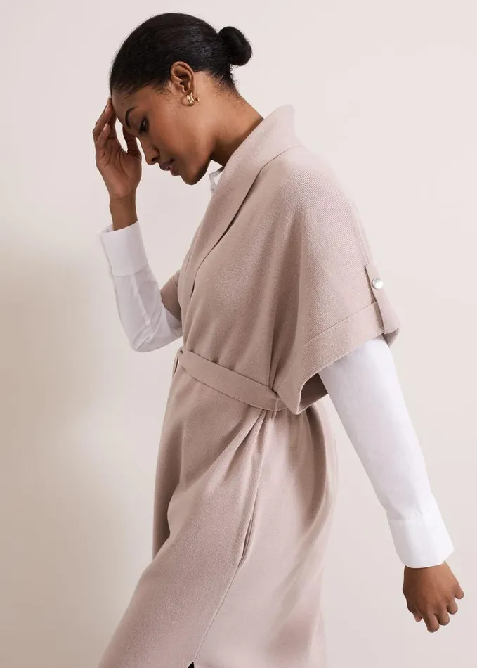 Phase Eight Wendy Shawl Collar Knit Gilet Stone Women Knitwear