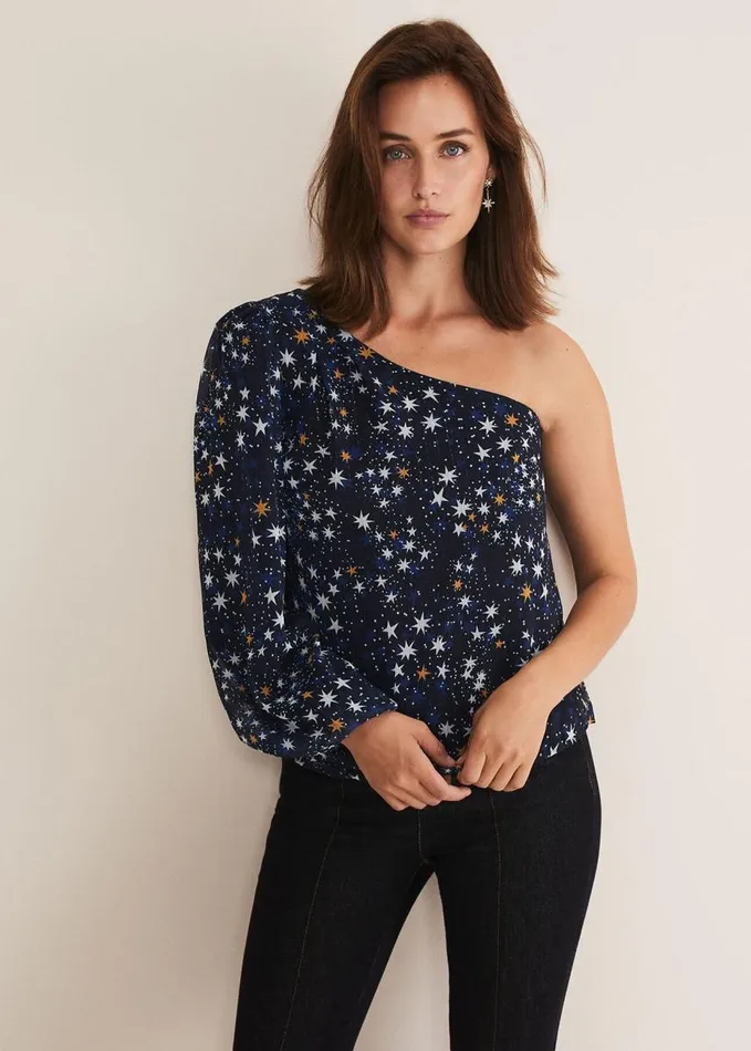 Phase Eight Zeba Star One Shoulder Blouse Navy Women Shirts and Blouses