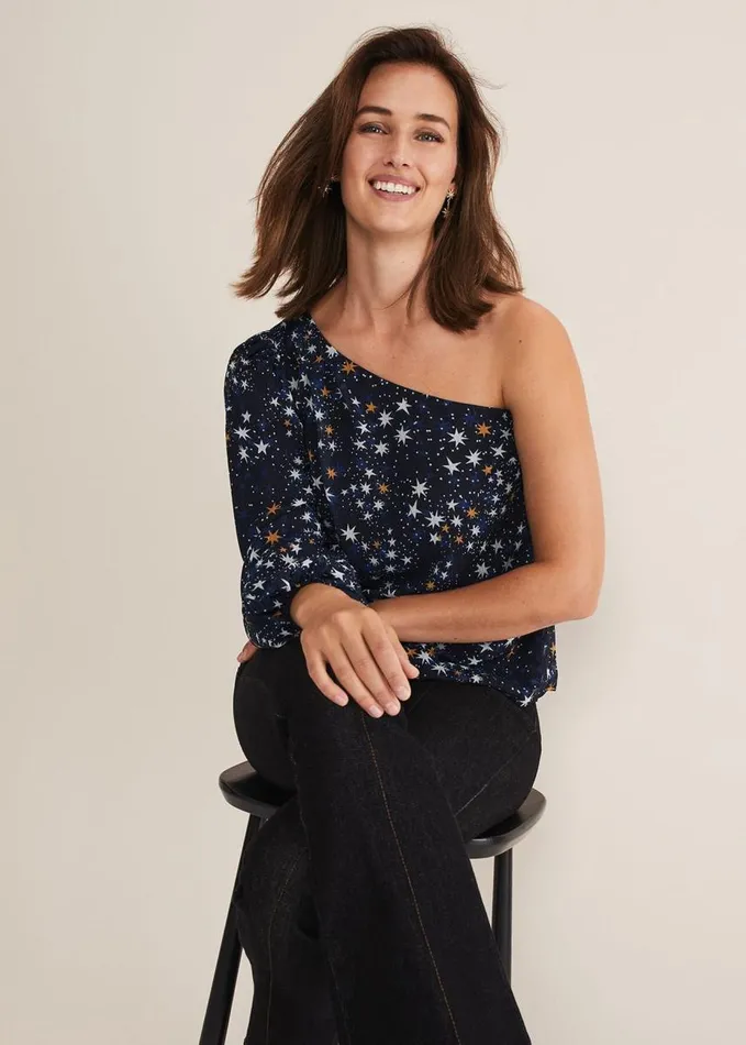 Phase Eight Zeba Star One Shoulder Blouse Navy Women Shirts and Blouses