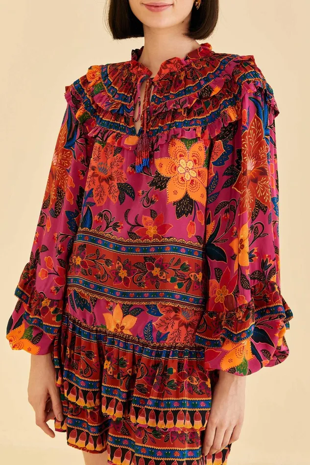 Pink Tropical Tapestry Long Sleeve Blouse Women Farm Rio Blouses