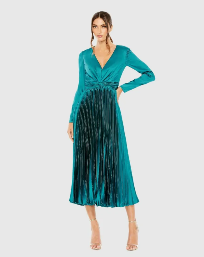 Pleated Long Sleeve VNeck Dress Rose Cocktail Dresses Mac Duggal Women