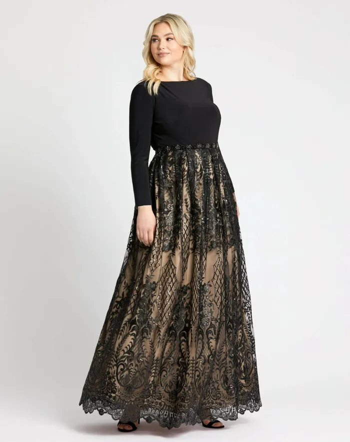 Plus Size Dresses Mac Duggal Women Long Sleeve High Neck Lace A Line Gown 8211 FINAL SALE Black Nude