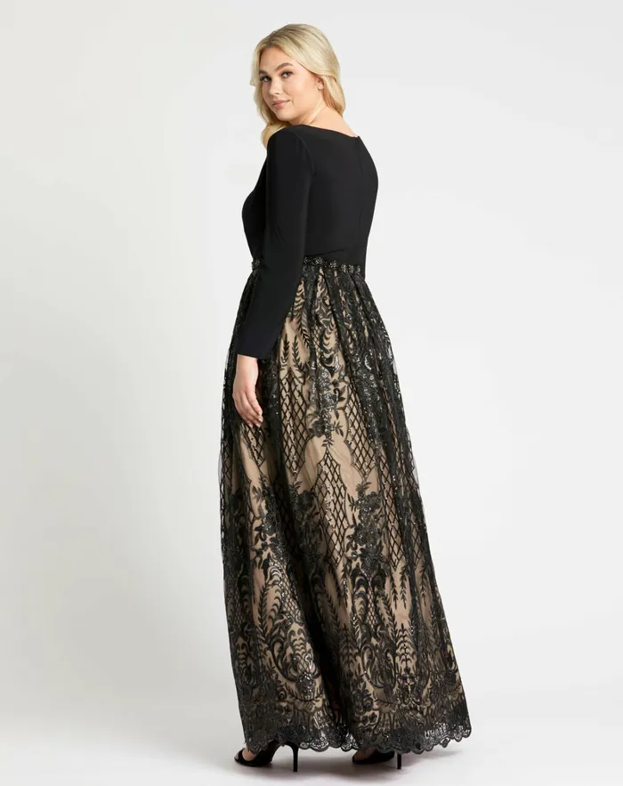 Plus Size Dresses Mac Duggal Women Long Sleeve High Neck Lace A Line Gown 8211 FINAL SALE Black Nude