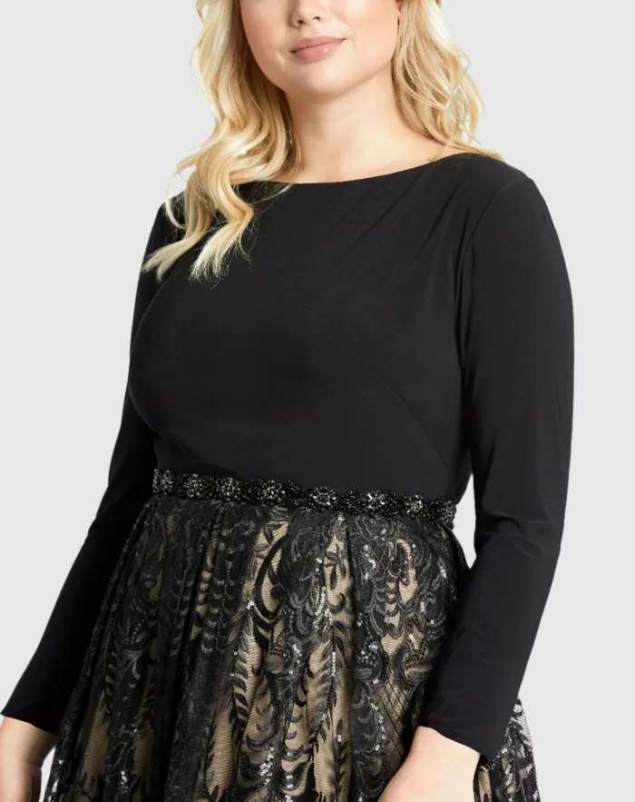 Plus Size Dresses Mac Duggal Women Long Sleeve High Neck Lace A Line Gown 8211 FINAL SALE Black Nude