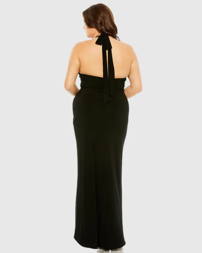 Plus Size Dresses Women Halter Tie Keyhole Detail Gown with Slit Black Mac Duggal Plus Size Dresses Women Halter Tie Keyhole Detail Gown with Slit Black Mac Duggal