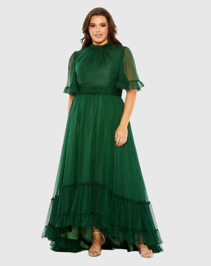 Plus Size Dresses Women Mac Duggal High Neck Flutter Sleeve Ruffle Tiered High Low Gown Black