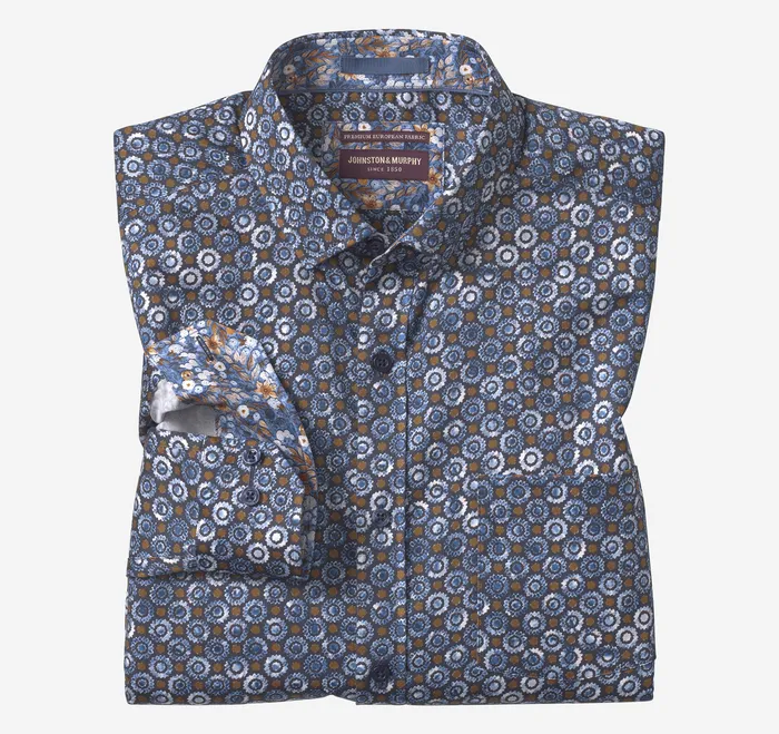 Printed Cotton Shirt NavyBrown Perennial Shirts Johnston and Murphy Men