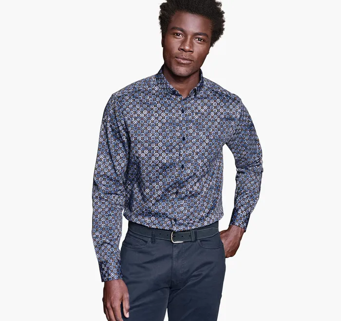 Printed Cotton Shirt NavyBrown Perennial Shirts Johnston and Murphy Men