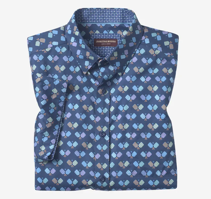 Printed ShortSleeve Shirt Navy Pickleball Men ShortSleeve Shirts Johnston and Murphy
