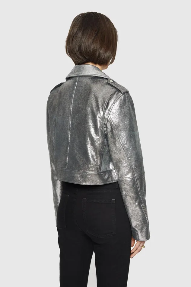 Rebecca Minkoff Cropped Jett Moto Jacket Silver Women Outerwear