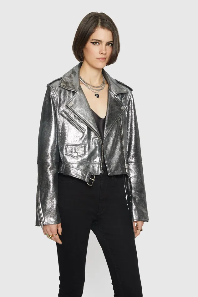Rebecca Minkoff Cropped Jett Moto Jacket Silver Women Outerwear