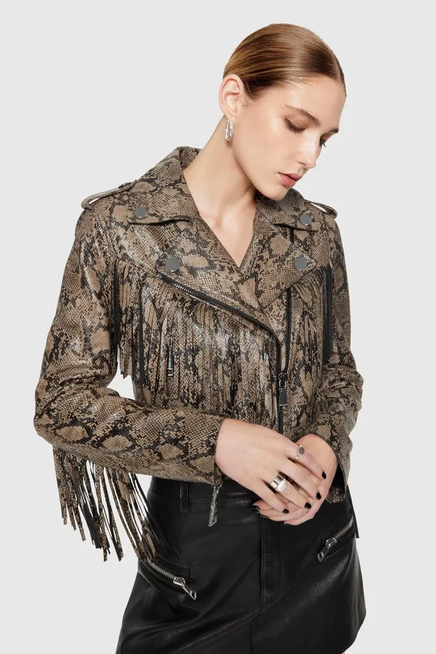 Rebecca Minkoff Janis Python Fringe Moto Python Printed Foil Women Outerwear