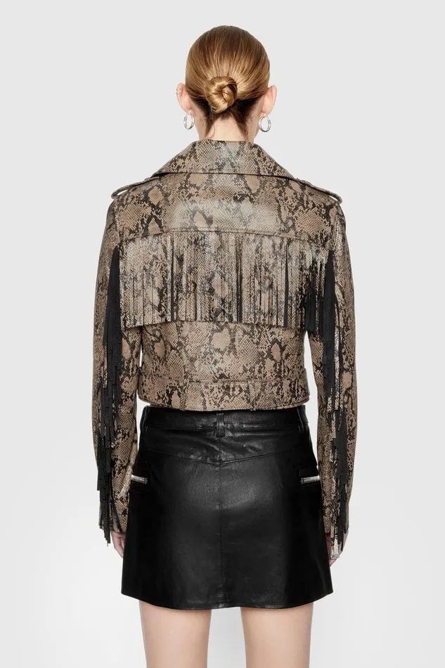 Rebecca Minkoff Janis Python Fringe Moto Python Printed Foil Women Outerwear