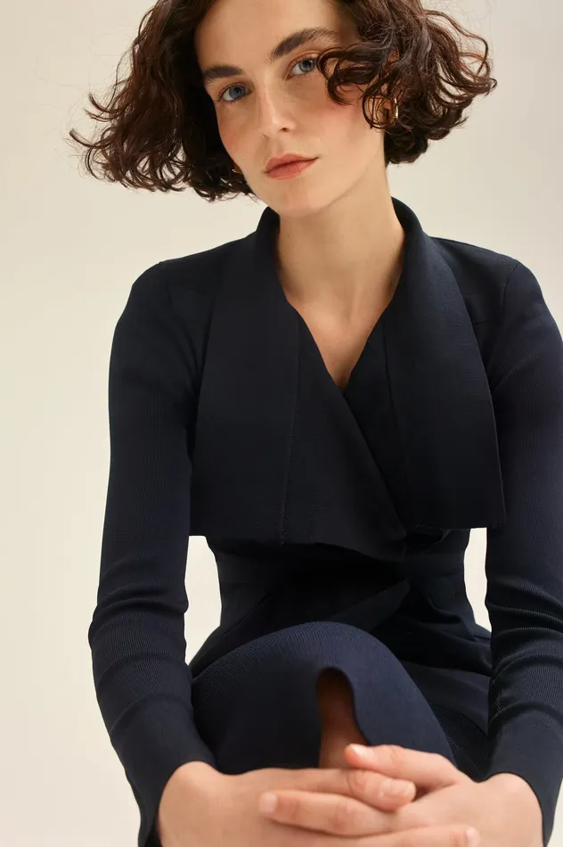 Scanlan Theodore CREPE KNIT DRAPE FRONT JACKET NAVY Women Jackets Scanlan Theodore CREPE KNIT DRAPE FRONT JACKET NAVY Women Jackets