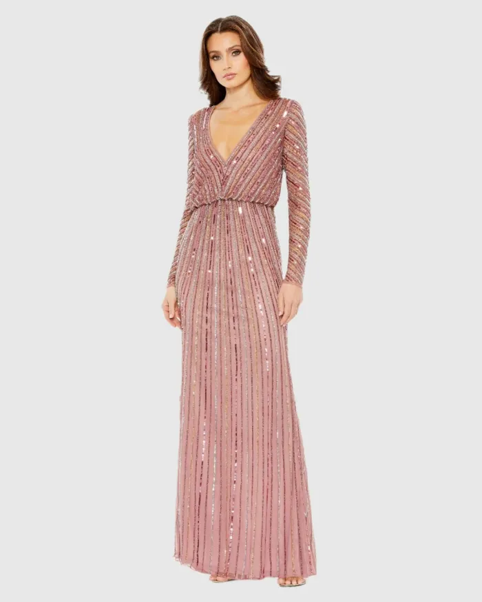 Sequined V Neck Long Sleeve Column Gown Rosewood Evening Gowns Mac Duggal Women