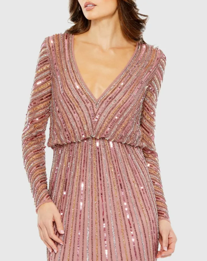 Sequined V Neck Long Sleeve Column Gown Rosewood Evening Gowns Mac Duggal Women