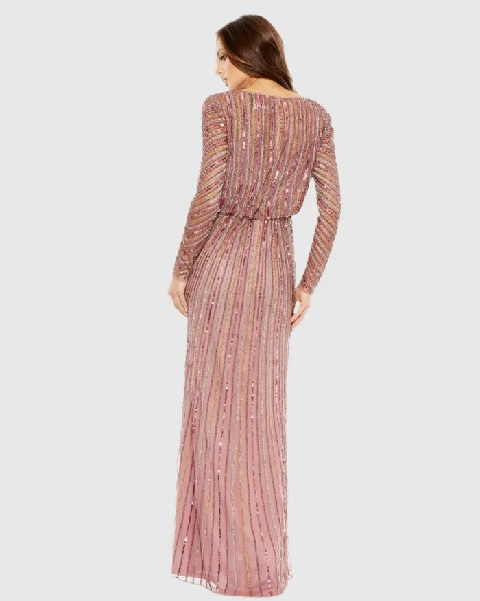 Sequined V Neck Long Sleeve Column Gown Rosewood Evening Gowns Mac Duggal Women