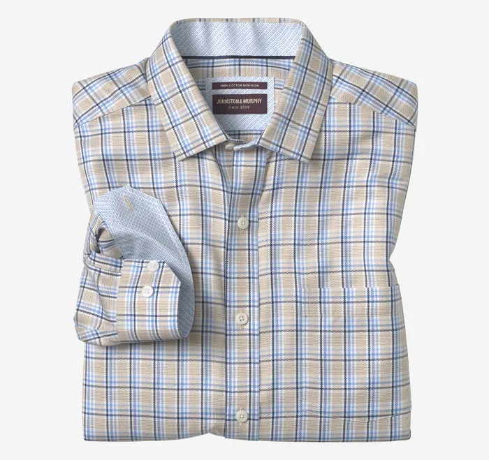 Shirts Men NonIron Dress Shirt TanBlue Twill Plaid Johnston and Murphy