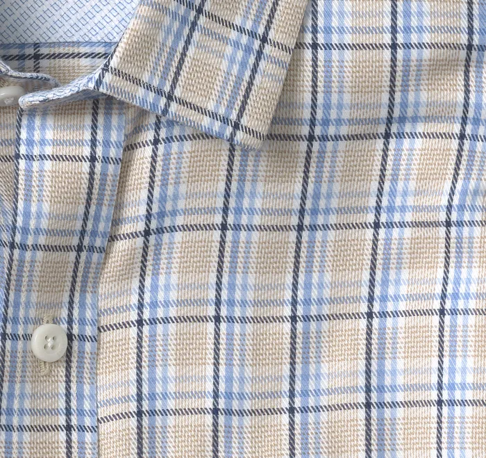 Shirts Men NonIron Dress Shirt TanBlue Twill Plaid Johnston and Murphy