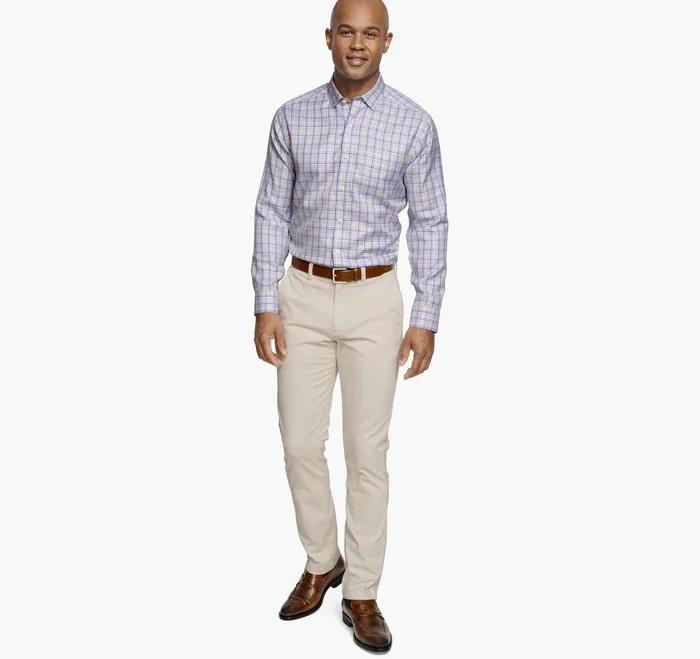 Shirts Men NonIron Dress Shirt TanBlue Twill Plaid Johnston and Murphy