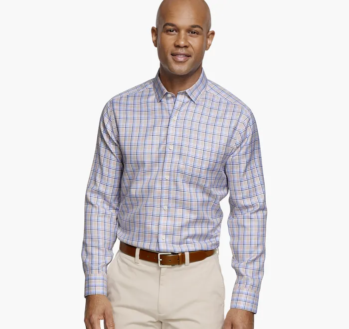 Shirts Men NonIron Dress Shirt TanBlue Twill Plaid Johnston and Murphy